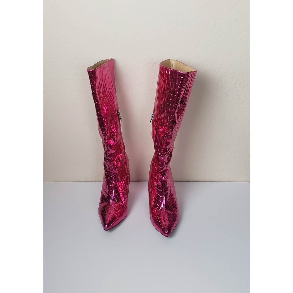 Metallic Hot Pink Croc Embossed Knee High Boots 37 Y2K Glam Disco Retro Gogo